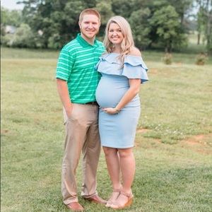 Off the shoulder light blue maternity dress